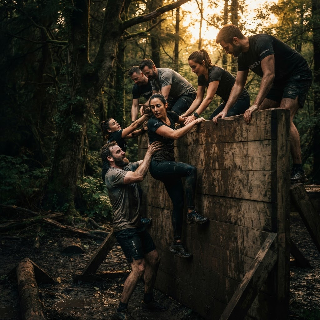 Business professionals climbing an obstacle wall during a team challenge