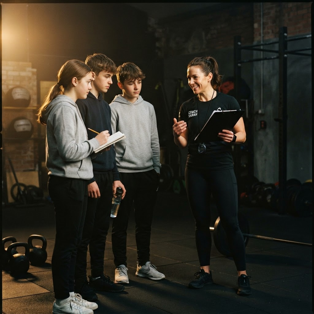 A coach instructing a group of homeschool teens in a gym