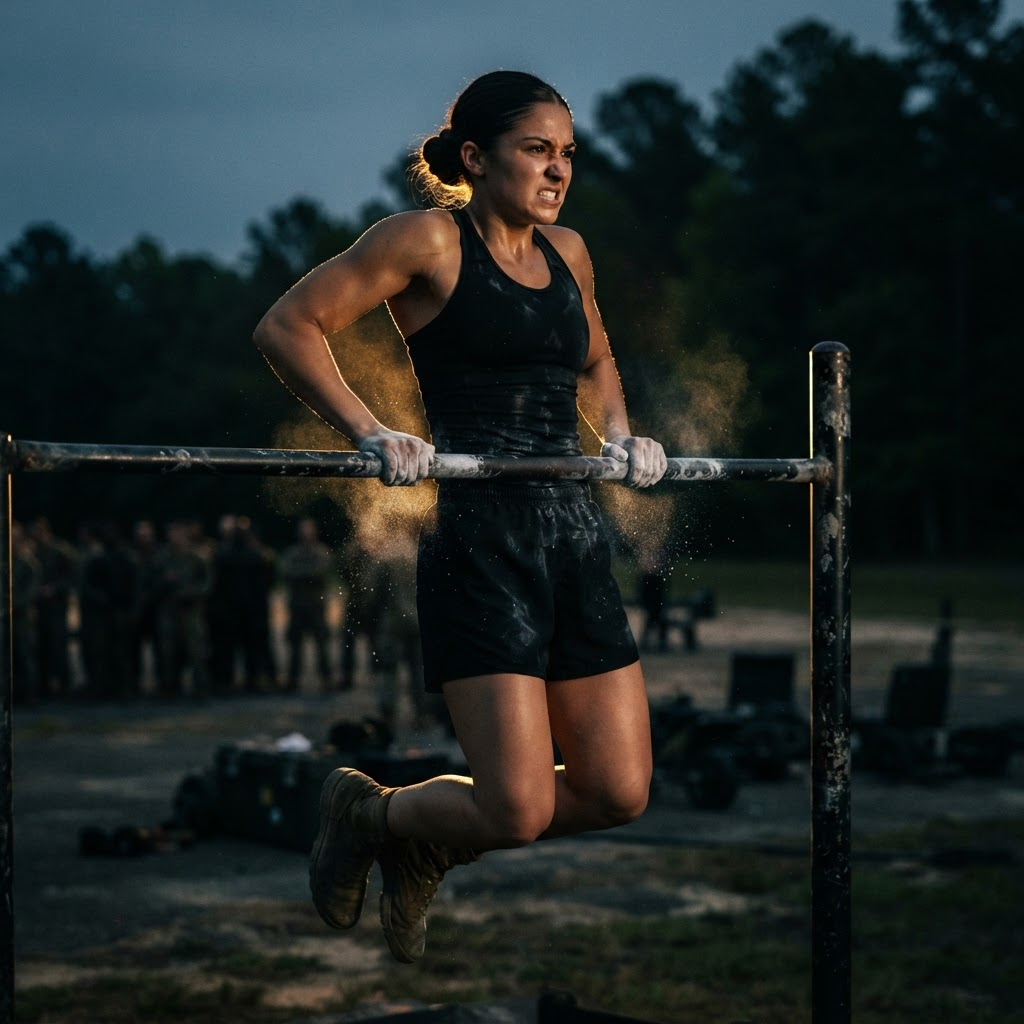 A young woman doing pull-ups during military fitness testing