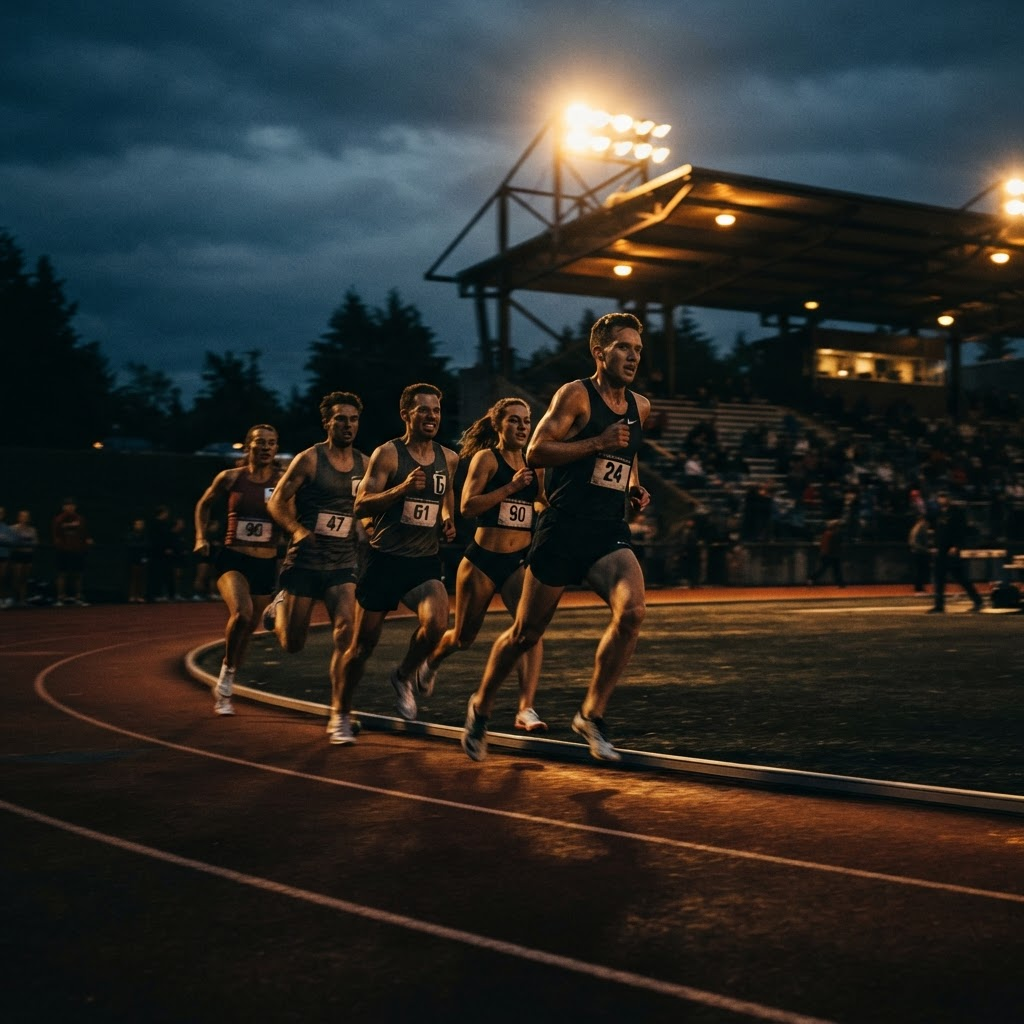 Athletes running a timed two-mile fitness test at dusk