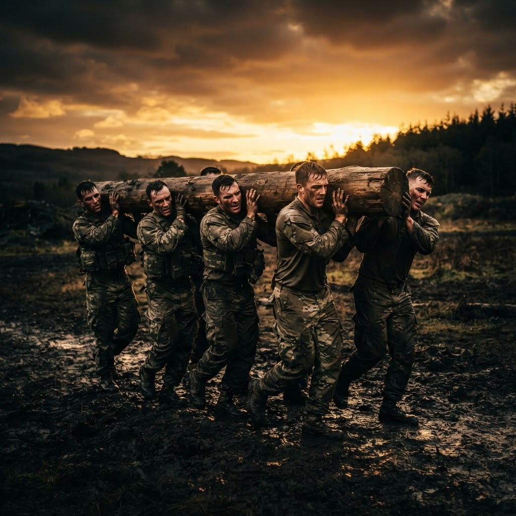 A team carrying a heavy log across a field during a crucible challenge