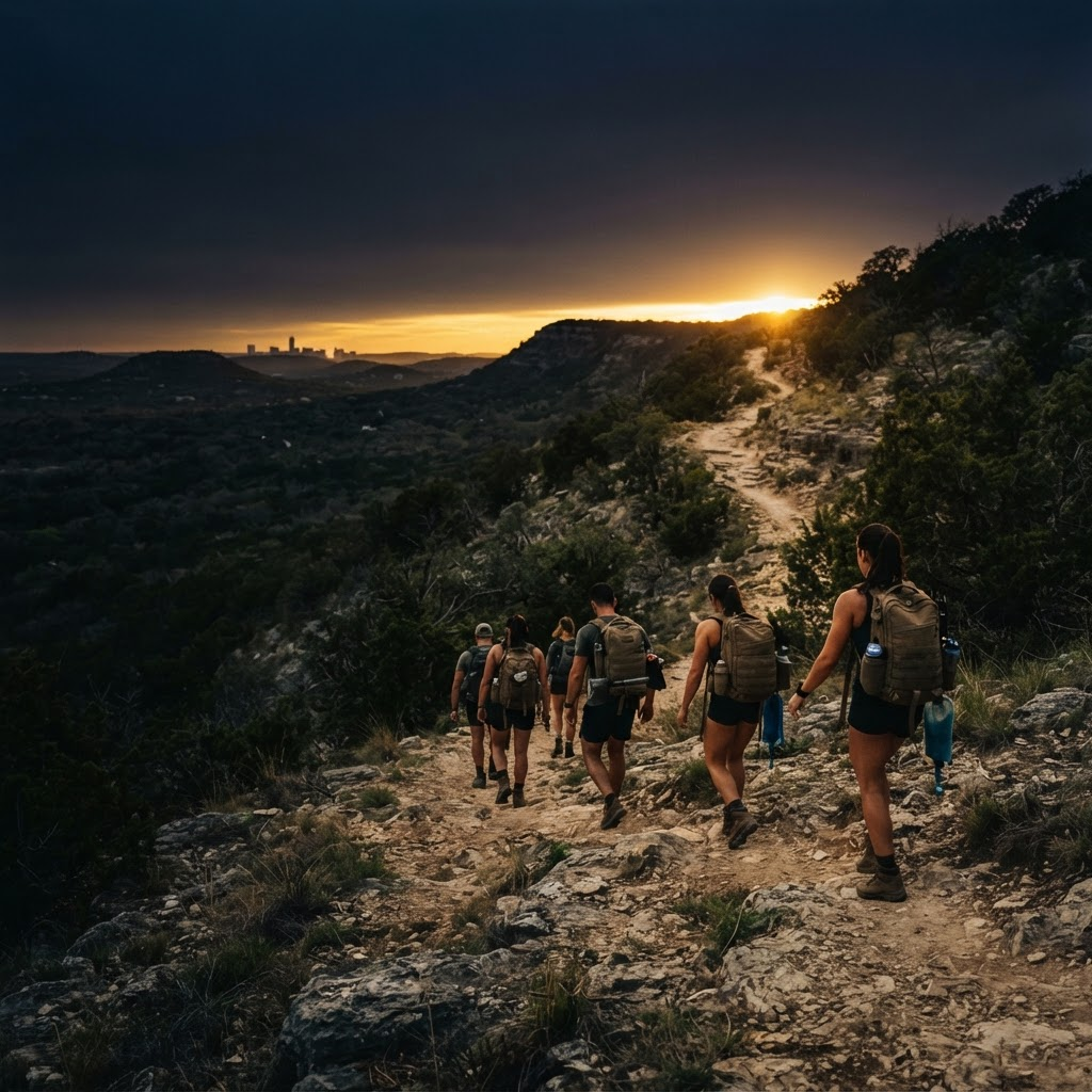 A team rucking along a rugged Texas Hill Country trail near Austin at golden hour