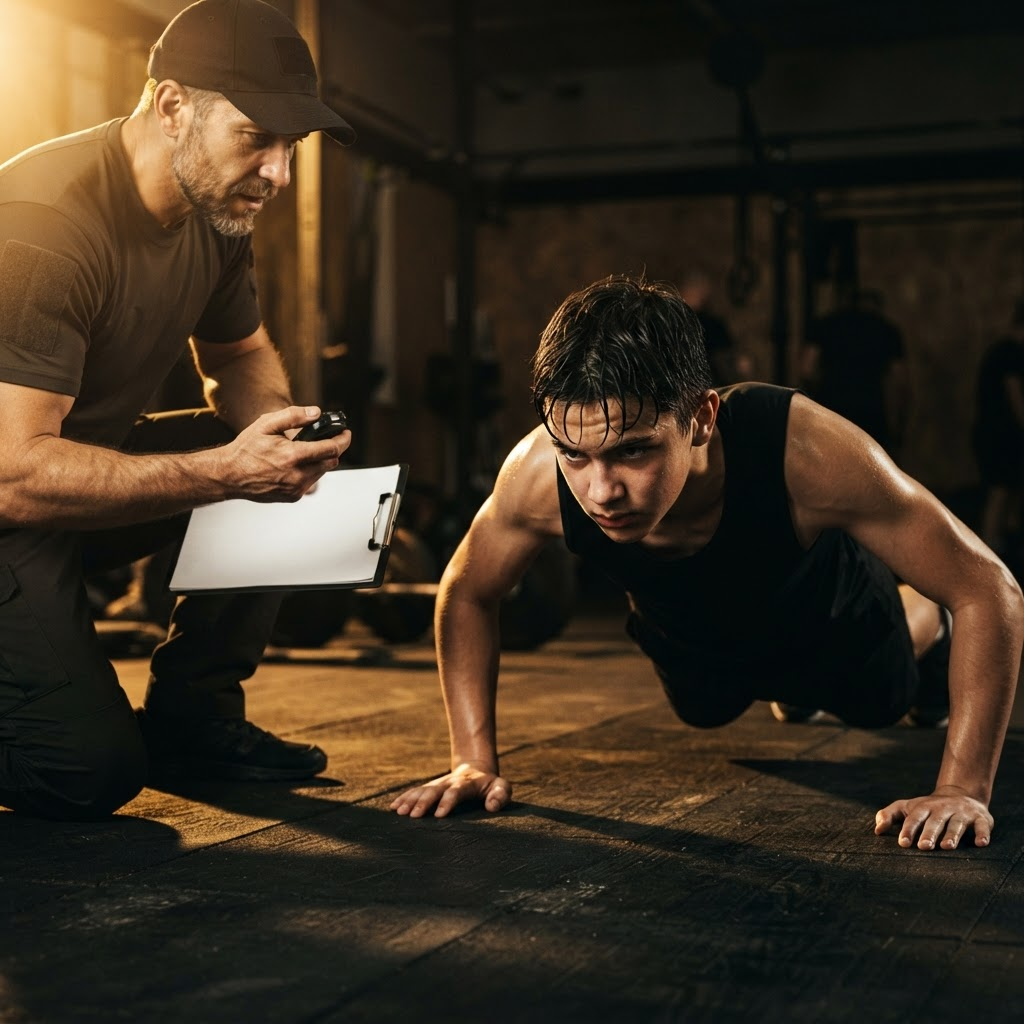 A young athlete doing push-ups while a coach times the fitness test